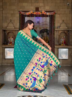 Rama green elegant art silk woven saree with rich zari border 2