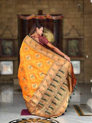 Mustard elegant art silk woven saree with rich zari border 2