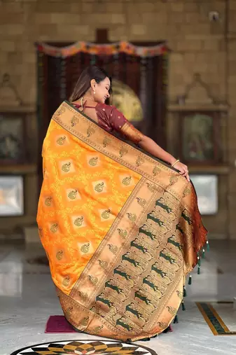 Mustard elegant art silk woven saree with rich zari border