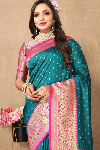 Rama green elegant art silk woven saree with rich zari border
