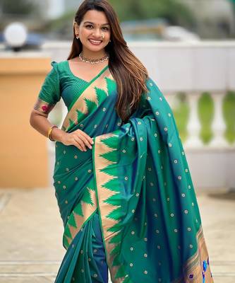 Rama green elegant art silk woven saree with rich zari border 4