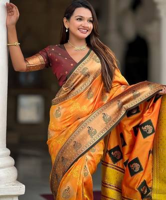 Mustard elegant art silk woven saree with rich zari border 3
