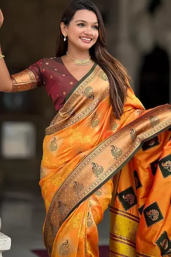 Mustard elegant art silk woven saree with rich zari border