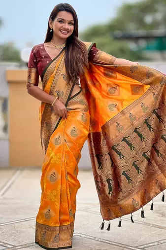 Mustard elegant art silk woven saree with rich zari border