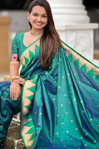 Rama green elegant art silk woven saree with rich zari border