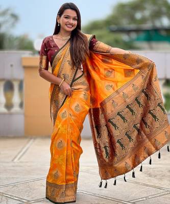 Mustard elegant art silk woven saree with rich zari border 5