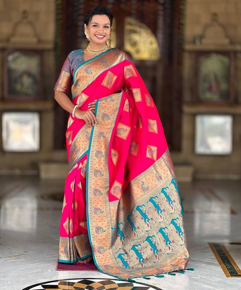Pink elegant art silk woven saree with rich zari border