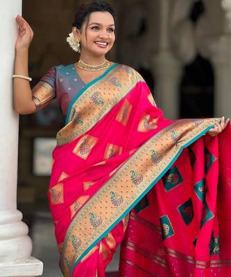 Pink elegant art silk woven saree with rich zari border 3