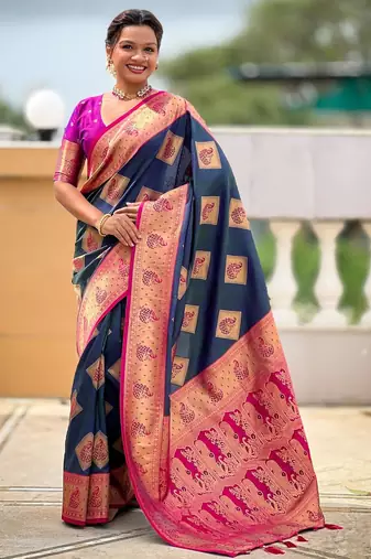 Teal elegant art silk woven saree with rich zari border