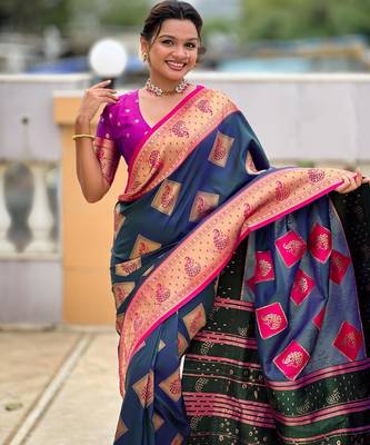Teal elegant art silk woven saree with rich zari border 3