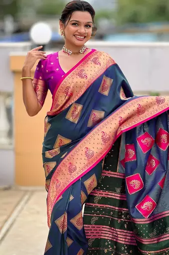 Teal elegant art silk woven saree with rich zari border