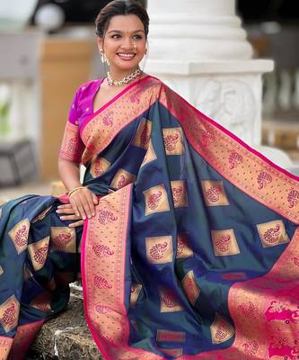 Teal elegant art silk woven saree with rich zari border 5