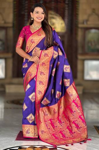 Violet elegant art silk woven saree with rich zari border