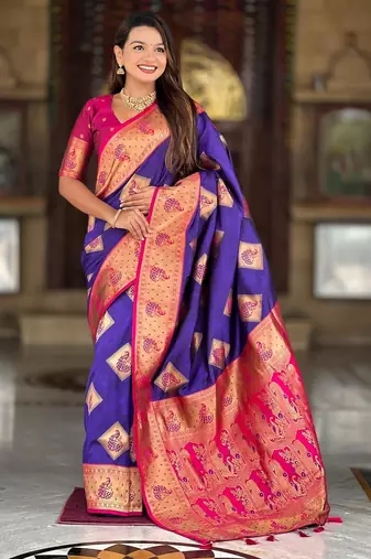 Violet elegant art silk woven saree with rich zari border