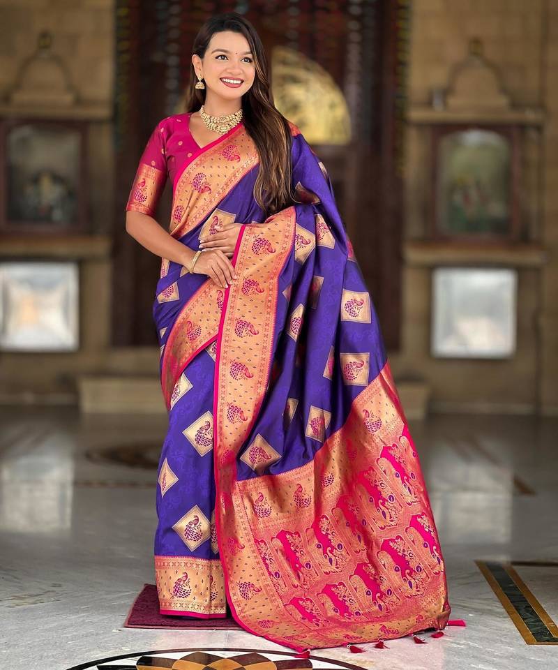 Violet elegant art silk woven saree with rich zari border