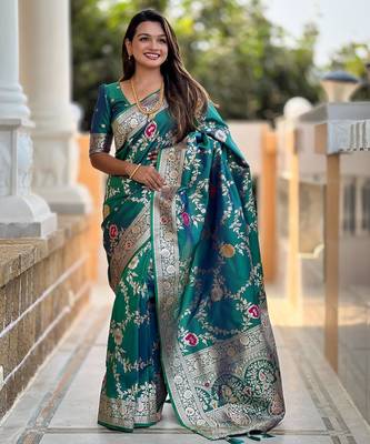 Rama green elegant art silk woven saree with rich zari border 1