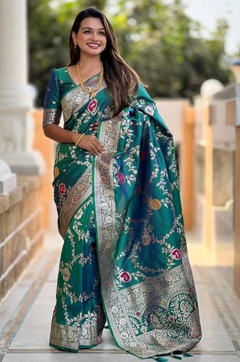 Rama green elegant art silk woven saree with rich zari border