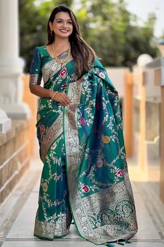 Rama green elegant art silk woven saree with rich zari border