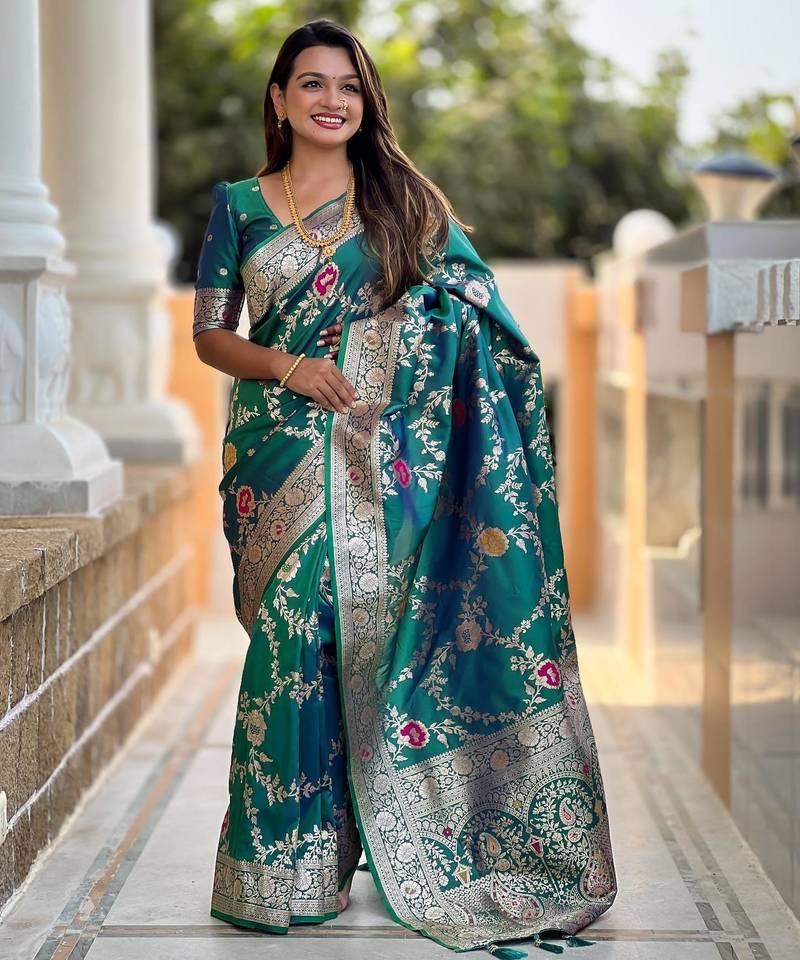 Rama green elegant art silk woven saree with rich zari border