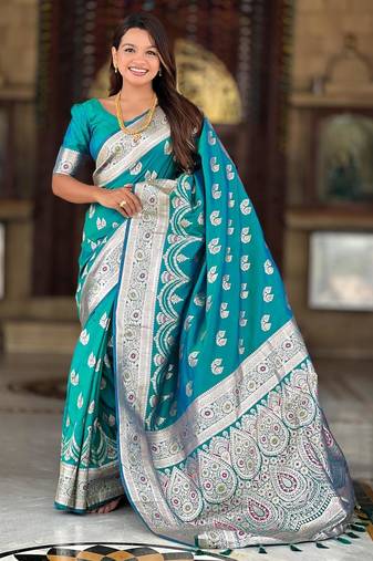 Rama green elegant art silk woven saree with rich zari border