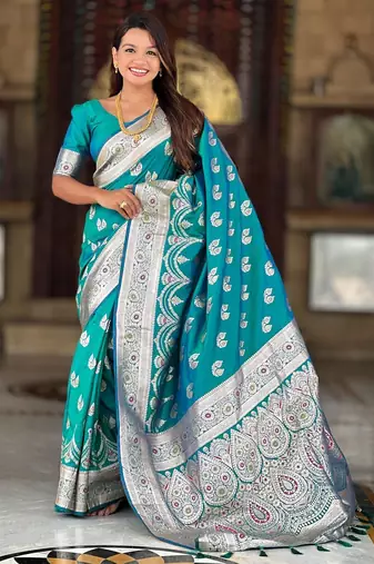 Rama green elegant art silk woven saree with rich zari border