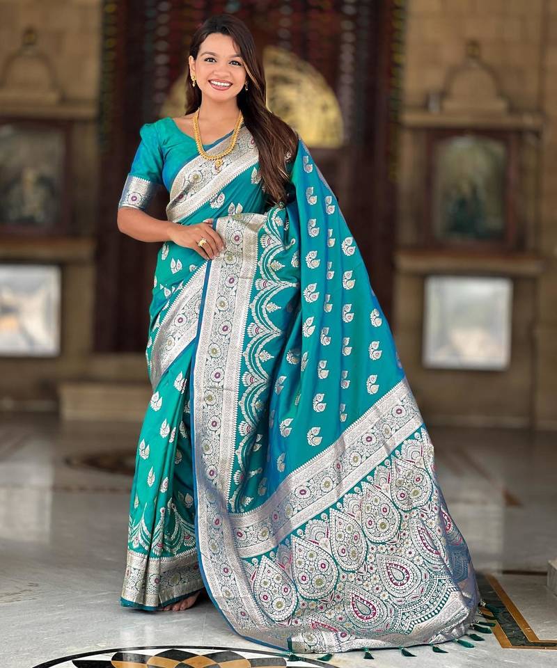 Rama green elegant art silk woven saree with rich zari border