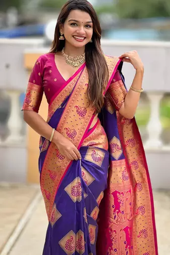Violet elegant art silk woven saree with rich zari border