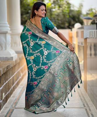 Rama green elegant art silk woven saree with rich zari border 2