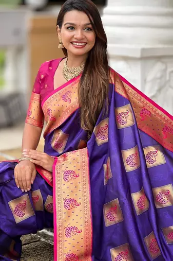 Violet elegant art silk woven saree with rich zari border