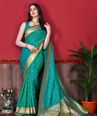 Rama green elegant art silk woven saree with rich zari border 2