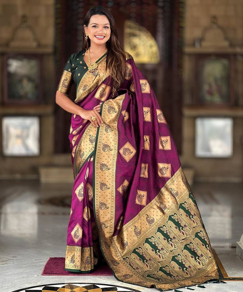Wine elegant art silk woven saree with rich zari border