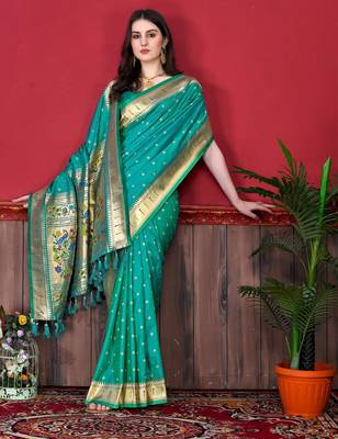 Rama green elegant art silk woven saree with rich zari border 3