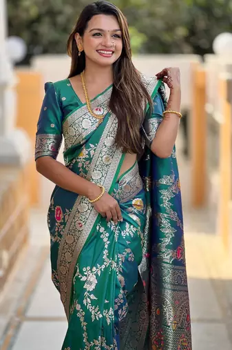 Rama green elegant art silk woven saree with rich zari border