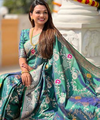 Rama green elegant art silk woven saree with rich zari border 5