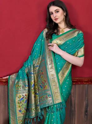 Rama green elegant art silk woven saree with rich zari border 4