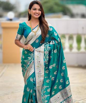 Rama green elegant art silk woven saree with rich zari border 4