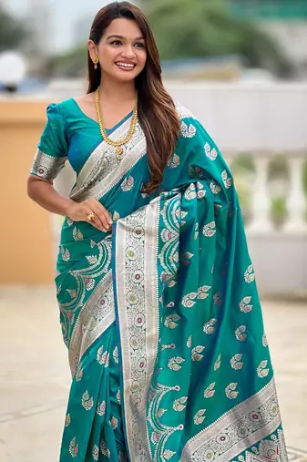 Rama green elegant art silk woven saree with rich zari border