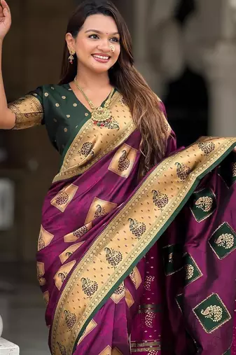 Wine elegant art silk woven saree with rich zari border