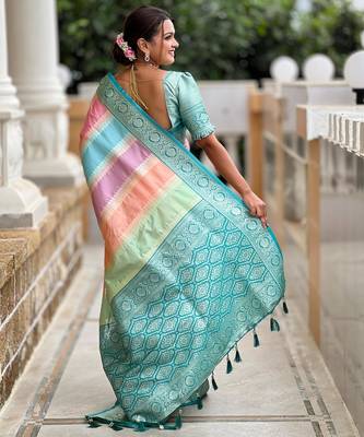 Rama green elegant art silk woven saree with rich zari border 2