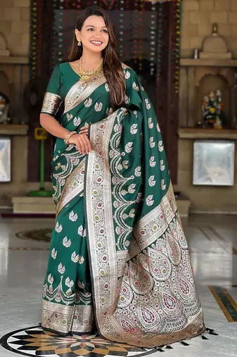 Green elegant art silk woven saree with rich zari border