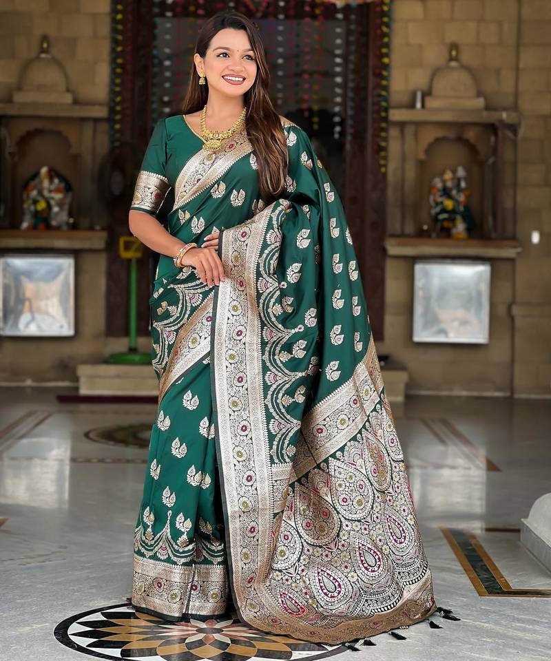 Green elegant art silk woven saree with rich zari border