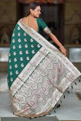 Green elegant art silk woven saree with rich zari border