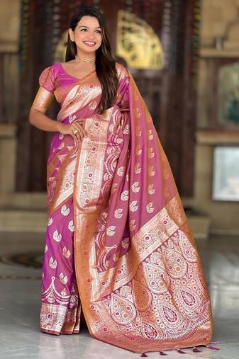 Pink elegant art silk woven saree with rich zari border