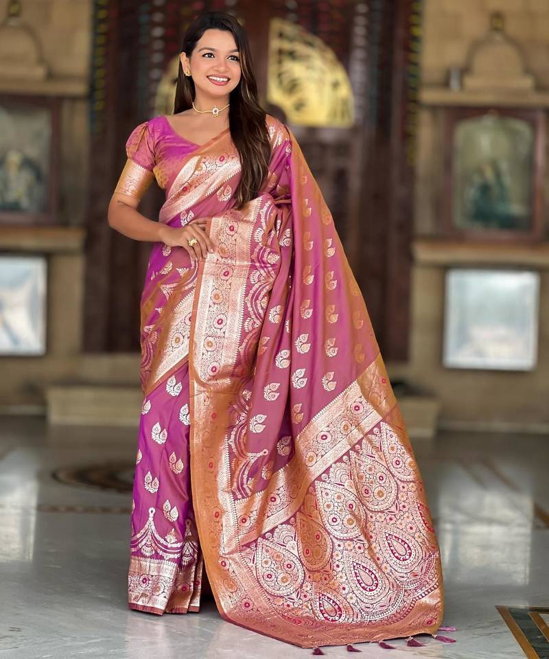 Pink elegant art silk woven saree with rich zari border