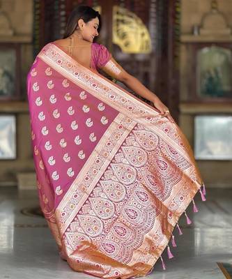 Pink elegant art silk woven saree with rich zari border 2