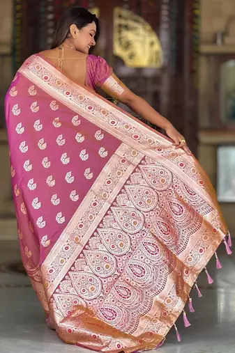 Pink elegant art silk woven saree with rich zari border