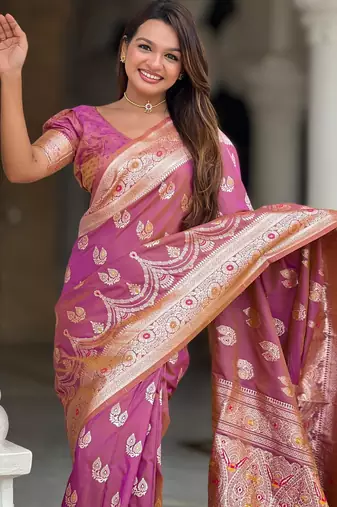 Pink elegant art silk woven saree with rich zari border