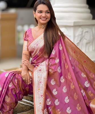 Pink elegant art silk woven saree with rich zari border 5