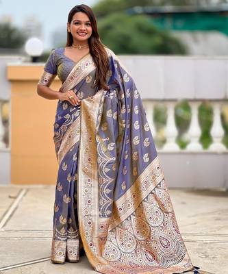 Grey elegant art silk woven saree with rich zari border 1