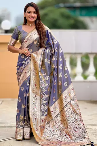 Grey elegant art silk woven saree with rich zari border